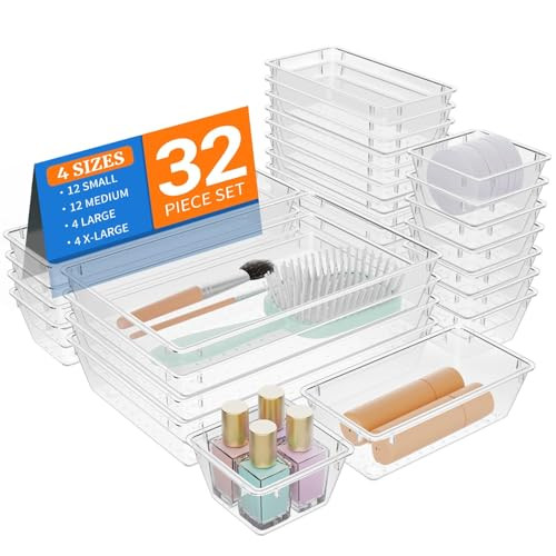 32 PCS Clear Plastic Drawer Organizer Set