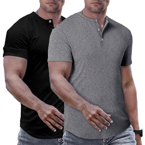 Men's Muscle Slim Henley Shirts, 2-Pack