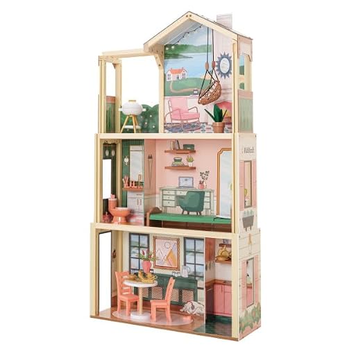 Click & Play Fully Assembled Pop-Up Wooden Dollhouse w/ 50 Accessories