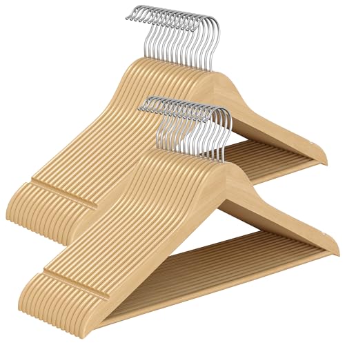 SONGMICS Wooden Hangers 30-Pack with Pants Bar
