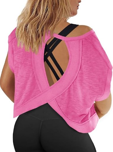 Fisoew Women's Plus Size Open Back Workout Tops