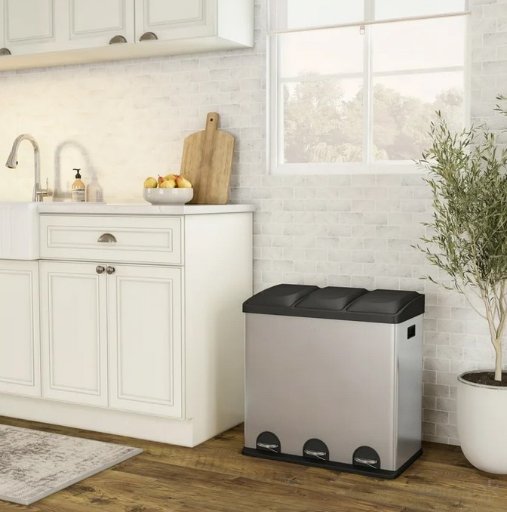 Step N’ Sort 3-Compartment Stainless Steel Kitchen Trash and Recycling Bin