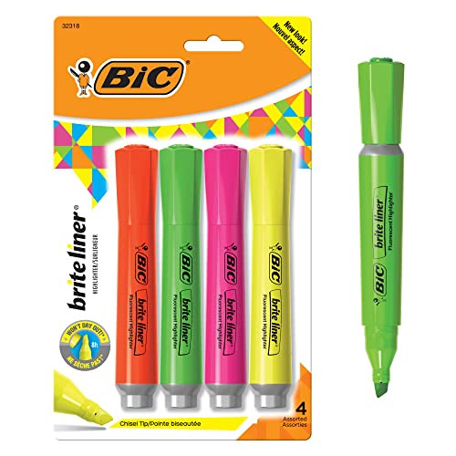 BIC Brite Liner Highlighter with Rubber Grip, Chisel Tip, Assorted, Pack of 4