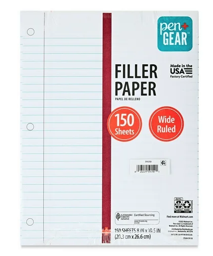 Pen+Gear Wide Ruled Filler Paper, 10.5" x 8", 150 Sheets