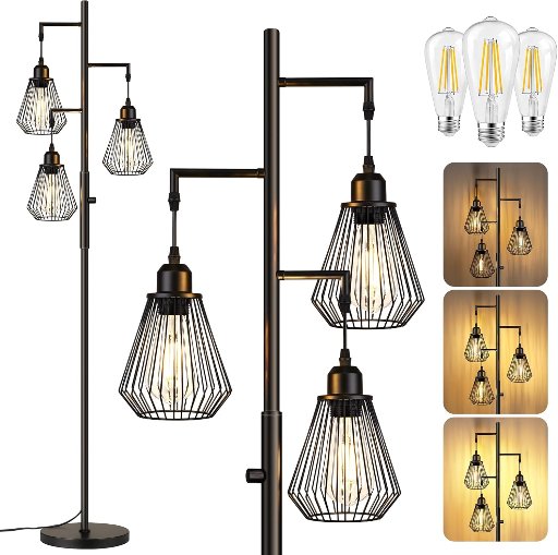 QiMH Farmhouse Standing Lamp with 3 Hanging Teardrop Cage Shades