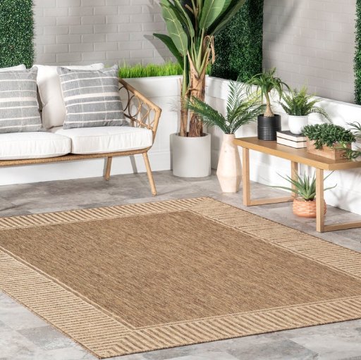 Gracie Oaks Alegre Bordered Power Loomed Tan Indoor/Outdoor Rug