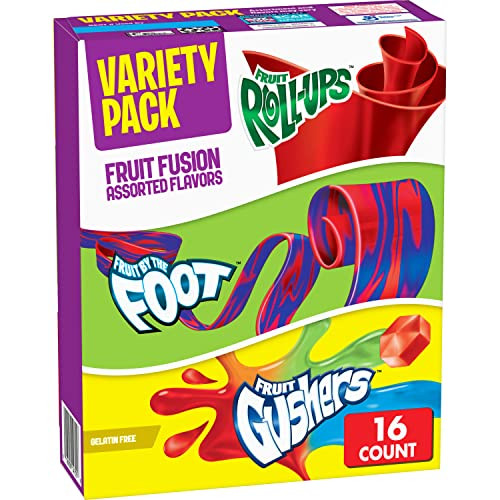 Betty Crocker Fruit Roll-Ups, Fruit by the Foot, Gushers, Snacks Variety Pack, 16 Count