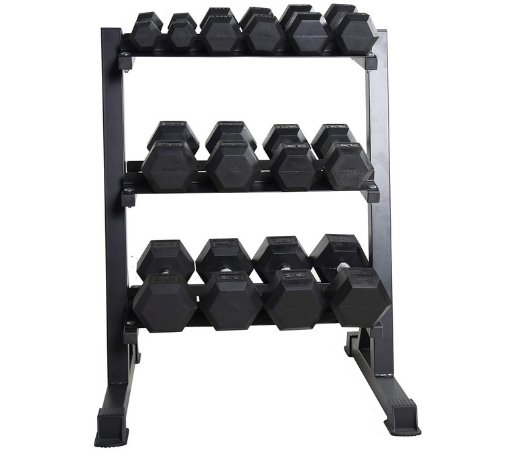 CAP Barbell 280 Lb Coated Black Handle Hex Dumbbell Weight Set with Three Tier Rack