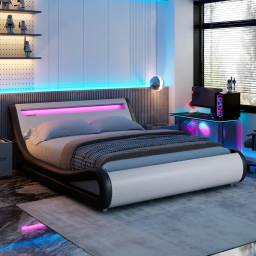 Charlesten Vegan Leather Metal Platform Bed with LED