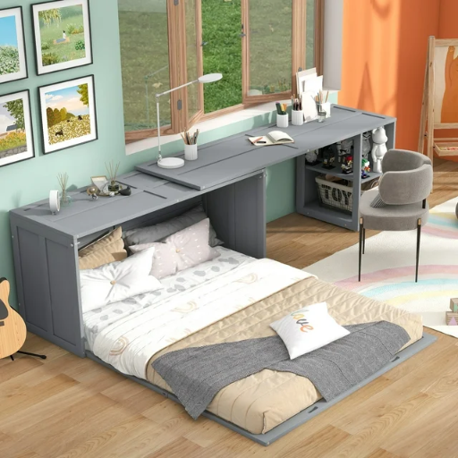 Euroco Queen Size Murphy Bed with Rotatable Desk and Shelf