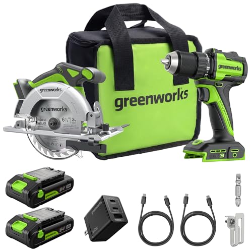 GREENWORKS 24V 1/2" Brushless Cordless Drill (400 In-lbs.) + 6.5" Circular Saw (4,800 RPM) with (2) 2.0Ah (12,000mAh Power Bank) Deal