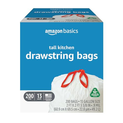 Amazon Basics 13 Gallon Tall Kitchen Drawstring Trash Bags, 200 Count