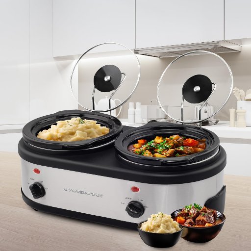 Ovente Double Slow Cooker w/Two 1.5 Qt Removable Ceramic Pots