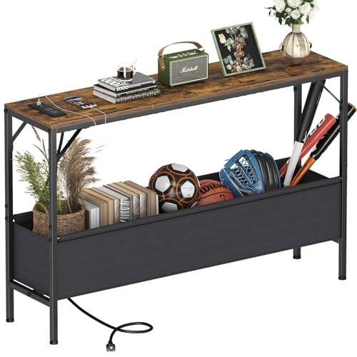 Console Table with Charging Station and Storage Basket