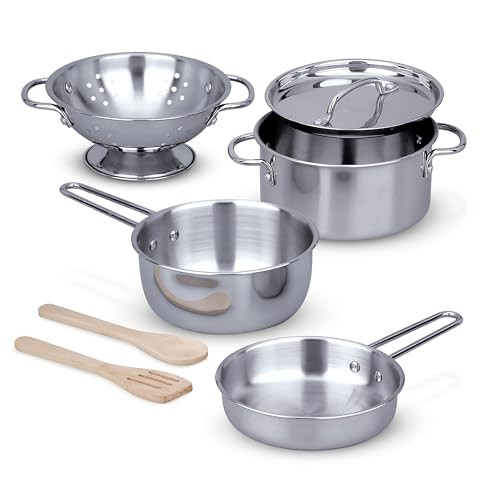 Melissa & Doug 8 PC Stainless Steel Pots and Pans Pretend Play Kitchen Set