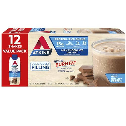 Atkins Gluten Free Protein-Rich Milk Chocolate Shake, 12 Count, 11 Fl. Oz.