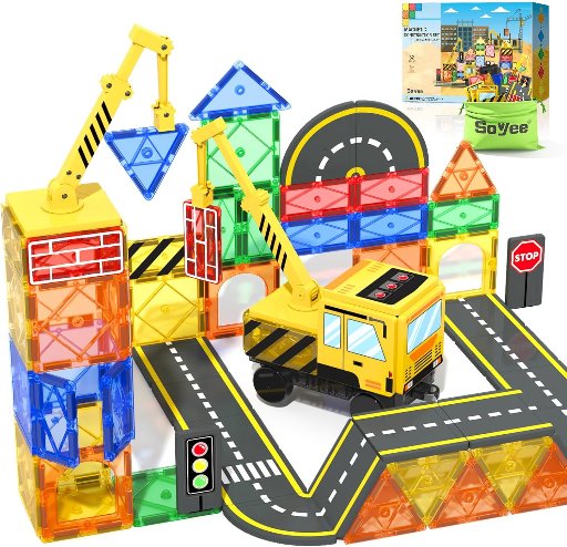 Magnetic Tiles Construction Toys with Crane Road Pieces Truck Magnetic Blocks