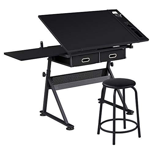Yaheetech Adjustable Drafting Table Art Desk with Storage Drawers & Stool  Deal