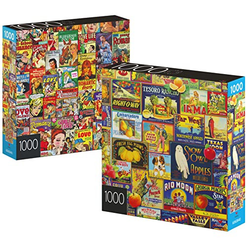 2-Pack Spin Master Games 1000-Piece Jigsaw Puzzles: Retro Romance Comics & Vintage Fruit Labels