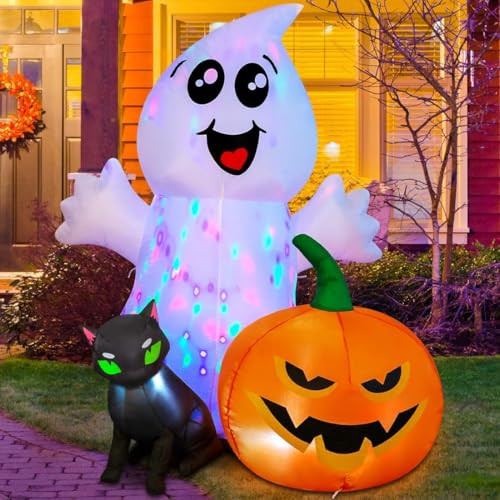 COMIN 5' Halloween Inflatable Ghost with Black Cat and Pumpkin