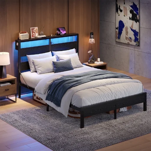 Bestier Queen Size Metal Platform Bed Frame with LED Storage Headboard