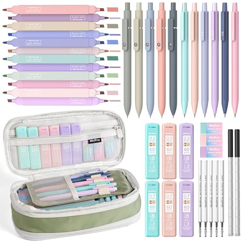 Nicpro Aesthetic School Supplies Stationary Set with Pen Case 39 PCS Green