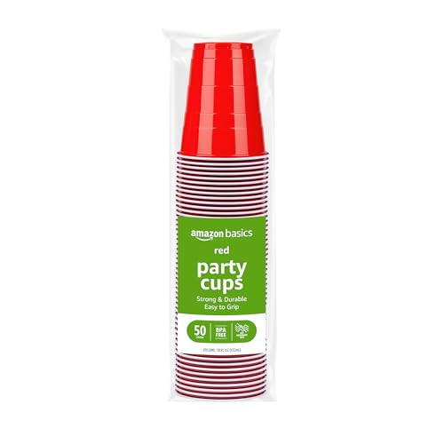 Amazon Basics Disposable Red Plastic Party Cups, 50 Count