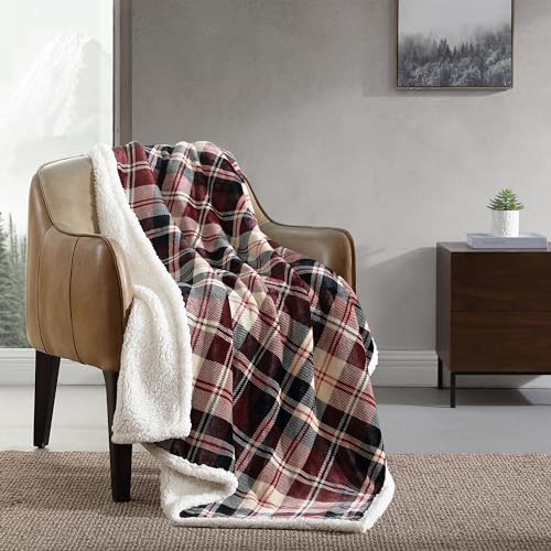 Eddie Bauer - Throw Blanket, Super Soft Reversible Sherpa & Brushed Fleece Bedding (Trailhead Plaid Red)