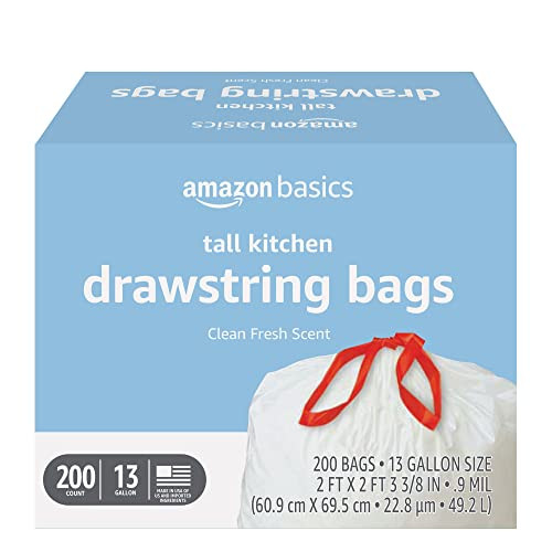 Amazon Basics 200-Count Tall Kitchen Drawstring Trash Bags