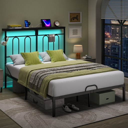 Pinmoco Queen Size Metal Platform Bed Frame with Charging Station and LED Headboard Shelf