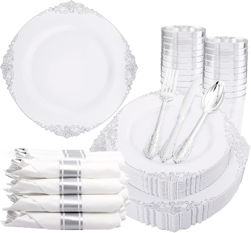 Liacere Silver Plastic Plates & Pre Rolled Napkins Set -350PCS