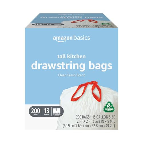 Amazon Basics 13 Gallon Tall Kitchen Trash Bags, 200 Count