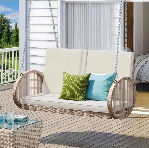 Wicker Outdoor Porch Swing Bench Chair with Soft Cushion