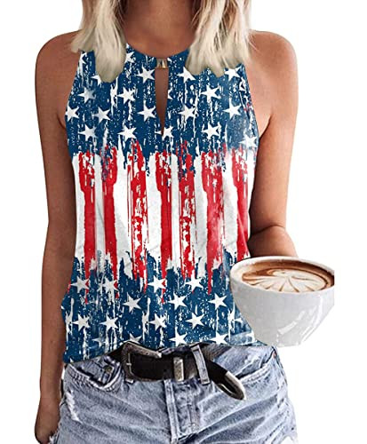 Soesdemo Women's Keyhole Sleeveless American Flag Tank Top