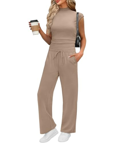 Xieerduo 2PC Mock Neck Cap Sleeve Tops and Wide Leg Casual Pants Set