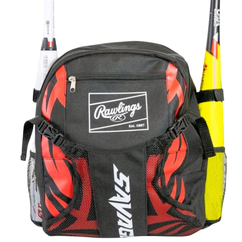 Rawlings Savage Backpack Equipment Bag for T-Ball/Youth Baseball & Softball (Black/Scarlet)