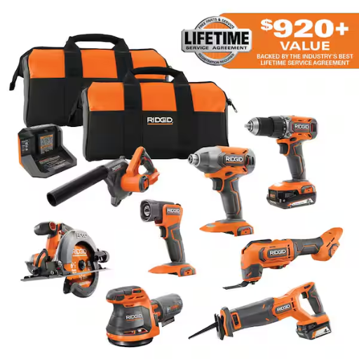 RIDGID 18V Cordless 8-Tool Combo Kit