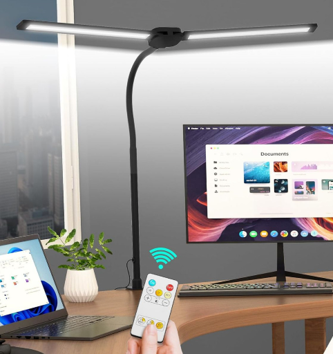Dual-Head LED Desk Lamp with Adjustable Gooseneck and Remote