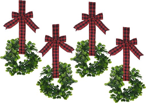 Set of 4 Hanging Wreaths with Plaid Ribbon