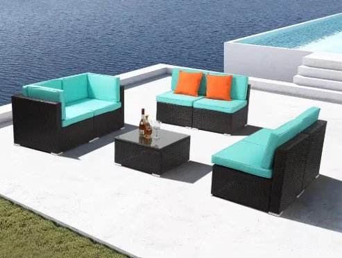 7-Piece Brown Gradient Rattan Set with Lake Blue Cushions