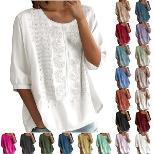 Embroidered 3/4 Sleeve Gauze Shirt Loose