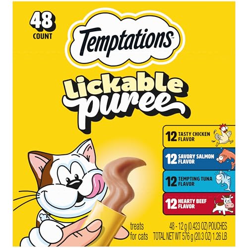 Temptations Creamy Puree Squeezable Lickable Cat Treats, Beef, Salmon, Chicken, and Tuna Variety Pack, 48 Count