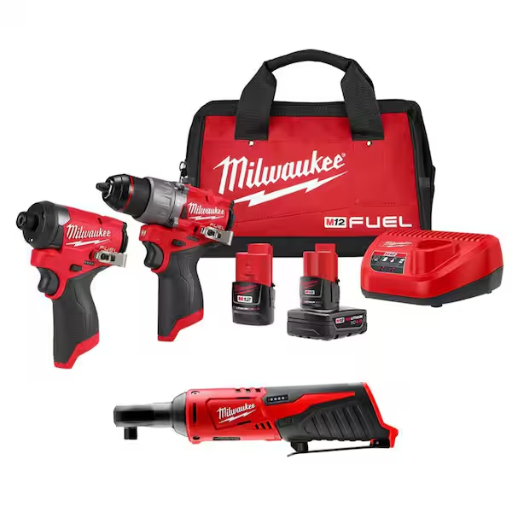 Milwaukee M12 3-Tool Combo Kit with FUEL Hammer Drill, Impact Driver, and Ratchet