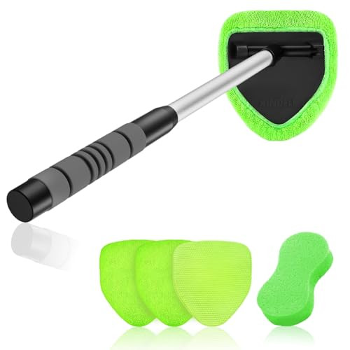 Windshield Cleaner Tool with Extendable Handle & 4 Microfiber Pads