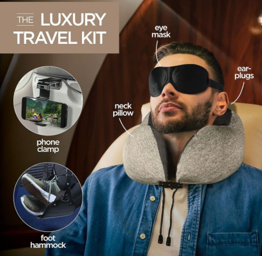 Luxury 6 Piece Travel Kit - Includes Memory Foam Travel Pillow, Phone Holder Mount, Eye Mask, Foot Hammock, Earplugs
