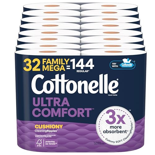Cottonelle Ultra Comfort Toilet Paper, 32 Family Mega Rolls = 144 Regular Rolls (8 Packs of 4)