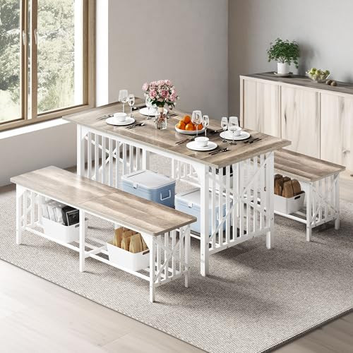 DWVO 63" Dining Table Set with Storage Benches