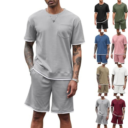 Mens Waffle Knit Short Sleeve Shirt and Shorts Sets - 2 Piece 