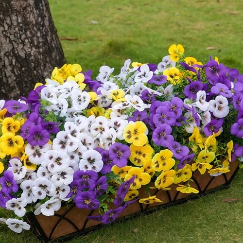 SupBri Artificial Silk Pansy Flowers with Decorative Butterflies (White Purple Yellow, 12 Bundles)