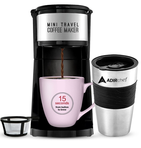 AdirChef Mini Single Serve Coffee Maker with Travel Mug